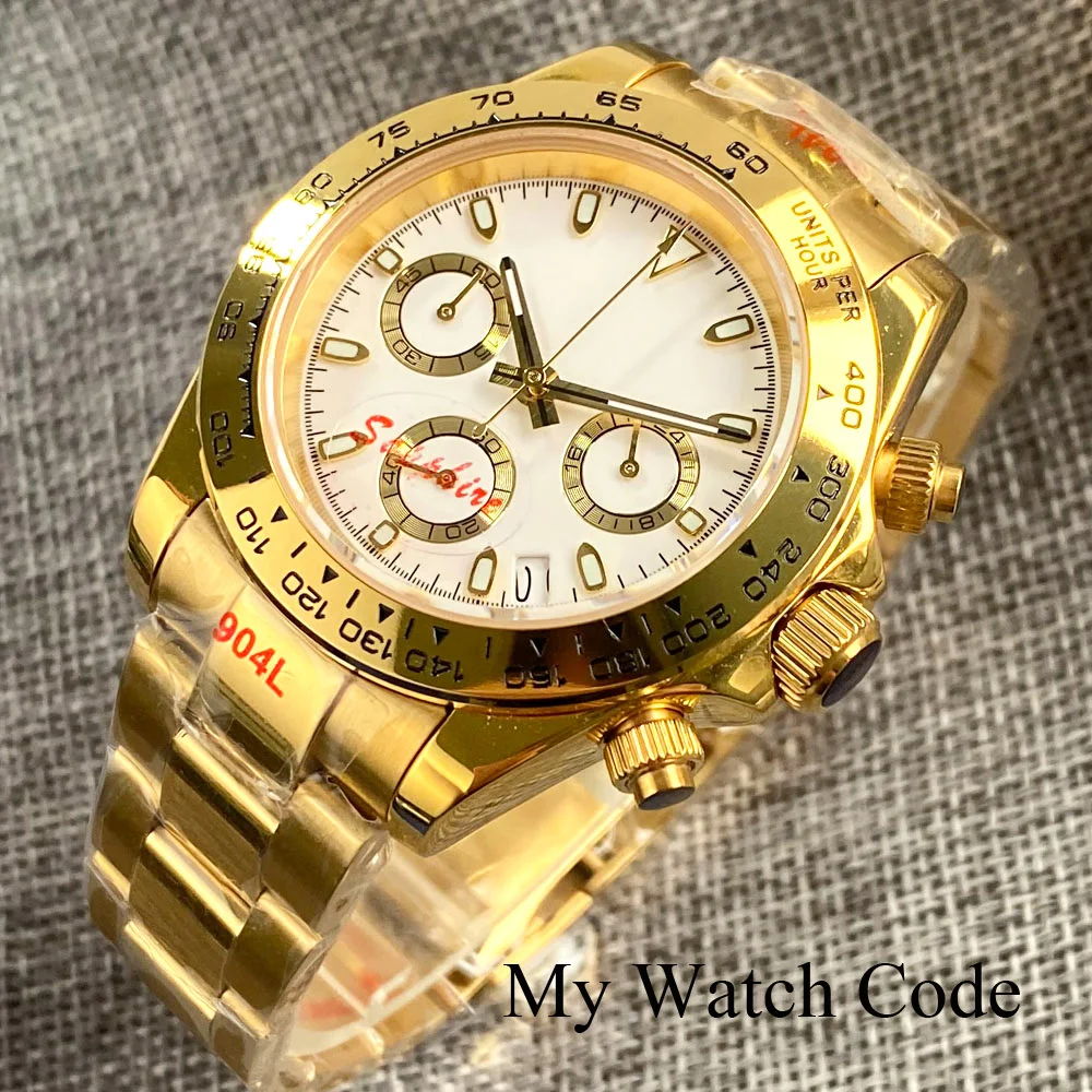 Nologo Luxury Gold 39mm Quartz Watch Men 24 Hour Chronograph Wristwatch Flat Sapphire 904L Bracelet 24 Hour Reloj Hombres