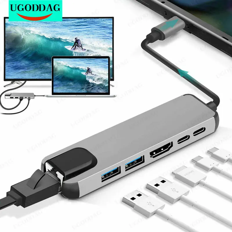 

USB 3.1 HUB Type C to HDMI-compatible rj45 PD USB 3.0 Multi Adapter Dock Accessories Type C Splitter 6 Port HUB for MacBook Pro