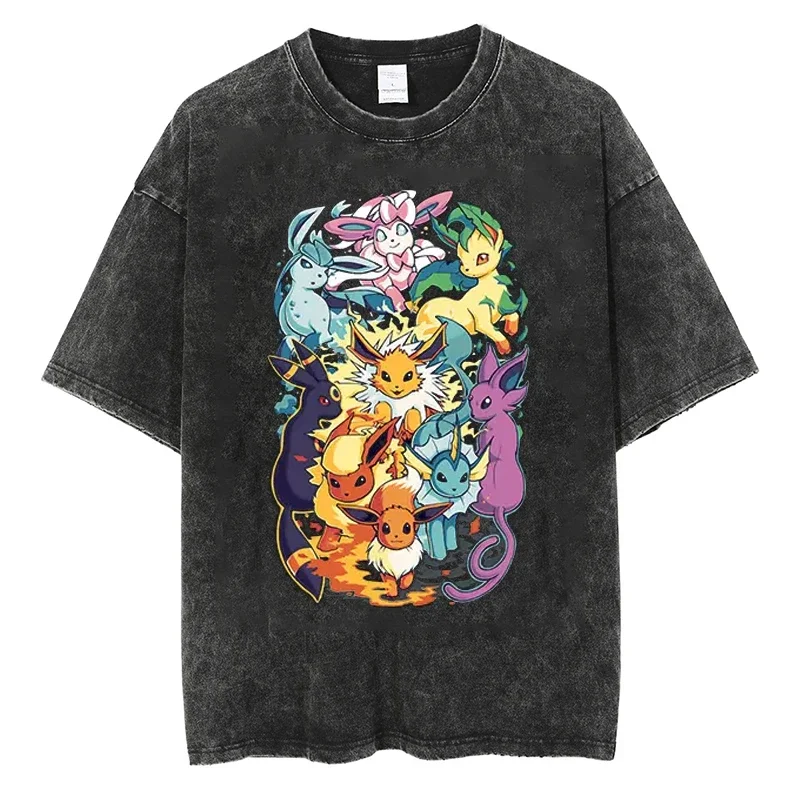 

2023 Men Washed Black T Shirt Hip Hop Summer T Shirt Japanese Anime Pokemon Charizard Graphic Harajuku Tshirt Cotton Tops Tees