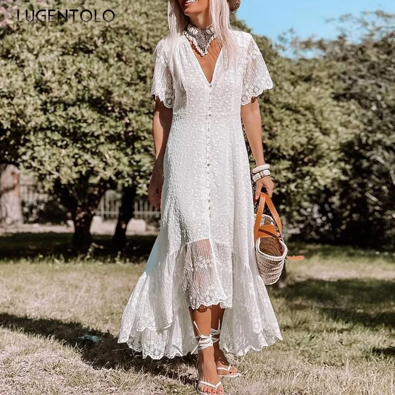 Женское однотонное пляжное платье-макси с коротким рукавом и V-образным вырезом |