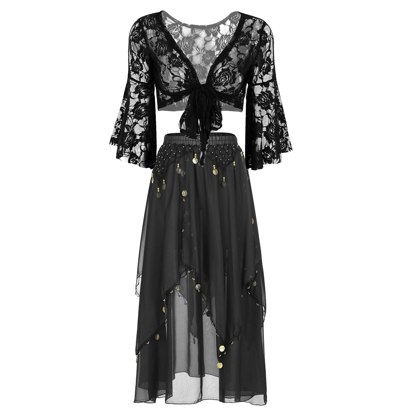

Womens Belly Dance Performance Costume Long Flare Sleeve Lace Shrug Top Cover Up Cardigan with Irregular Chiffon Skirt