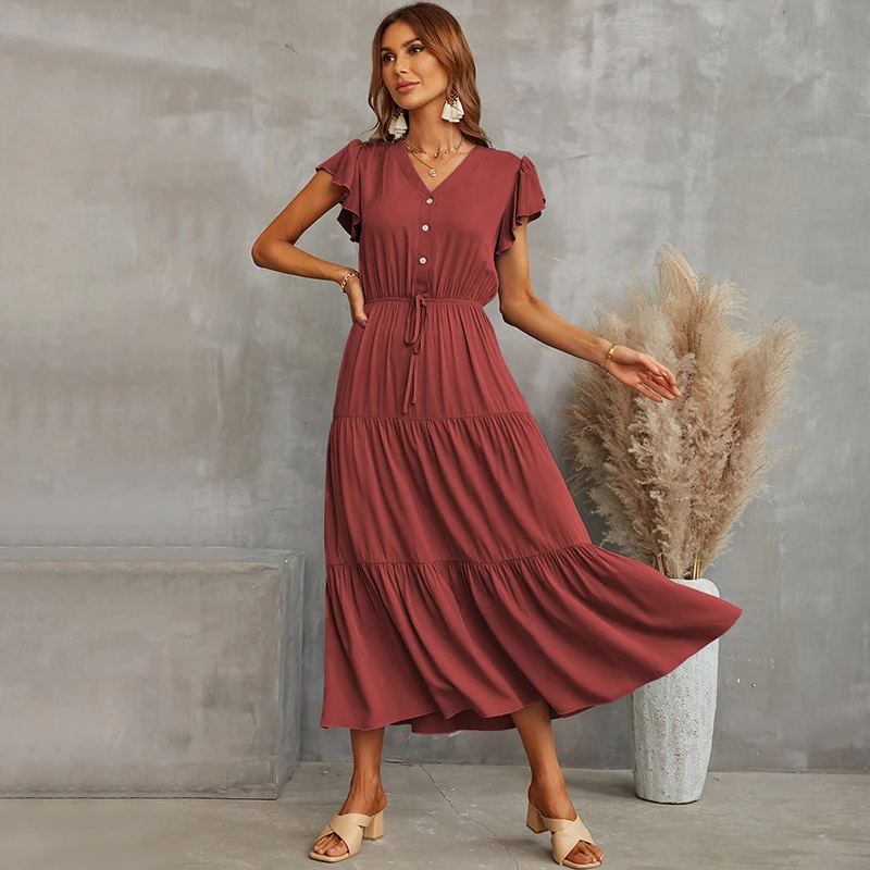 

Butterfly Sleeve Temperament Long Skirt Women's Solid Color V-neck Dress New Cake Skirt Exquisite Office Lady Slim Summer 2022