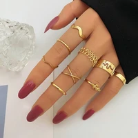 classic vintage geometric gold color ring set for women retro chain circle finger rings exaggerated fashion punk cool rings set