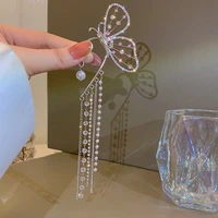 fashion crystal butterfly clip on earring pearl bead ear cuff charm long tassel hollow earrings for women clip jewelry gifts