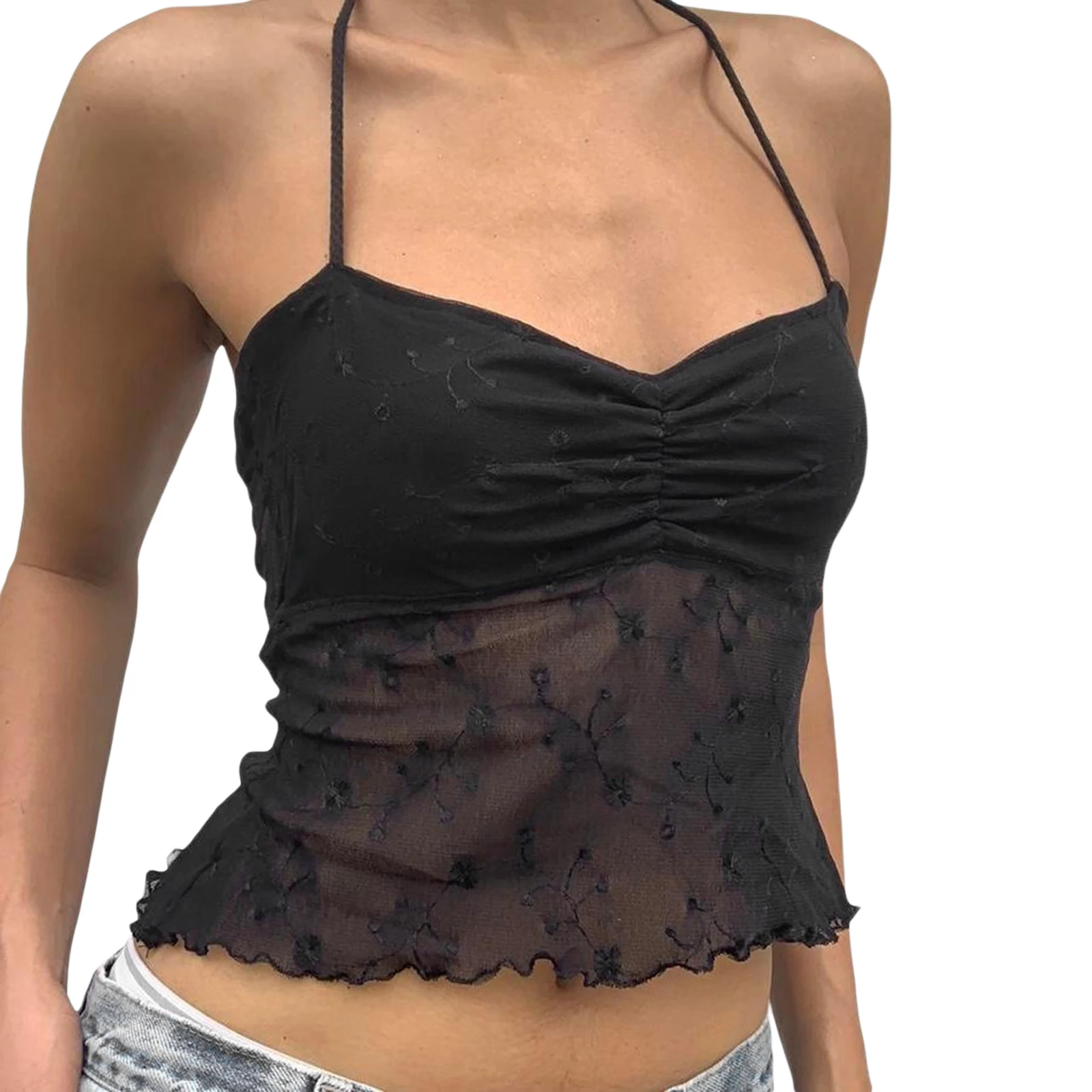 Сексуальный Кружевной топ на бретелях Y2k майка прозрачный завязках с лямкой