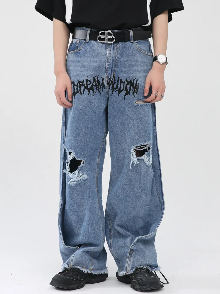 

SYUHGFA Men's Wear 2022 Spring Letter Printed Korean Streetwear Fashion Loose Hole Burrs Design Jeans Casual Denim Trousers