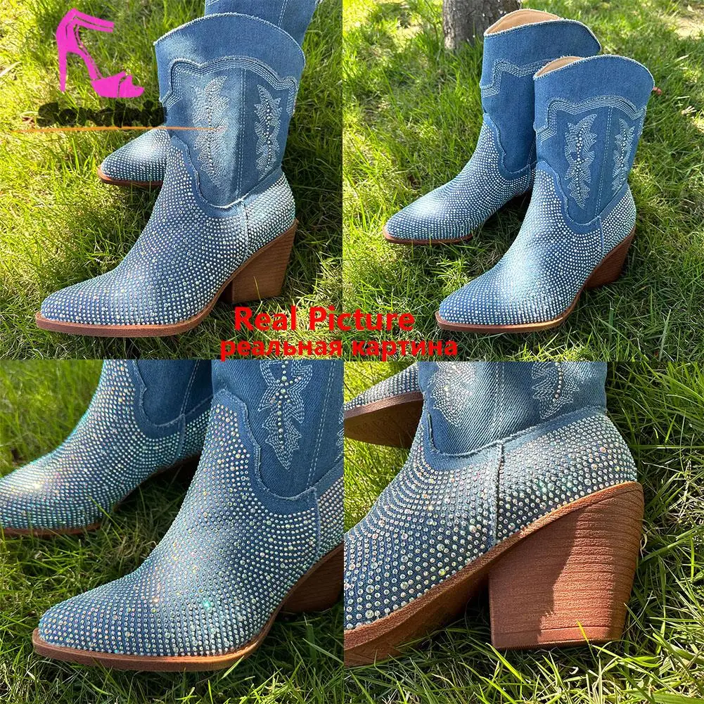 Cowboy Western Boots 2023 Autumn Winter Pointed Toe Patchwork Rhinestones Mid Calf Boots Comfy Walking Embroidery Ladies Boots