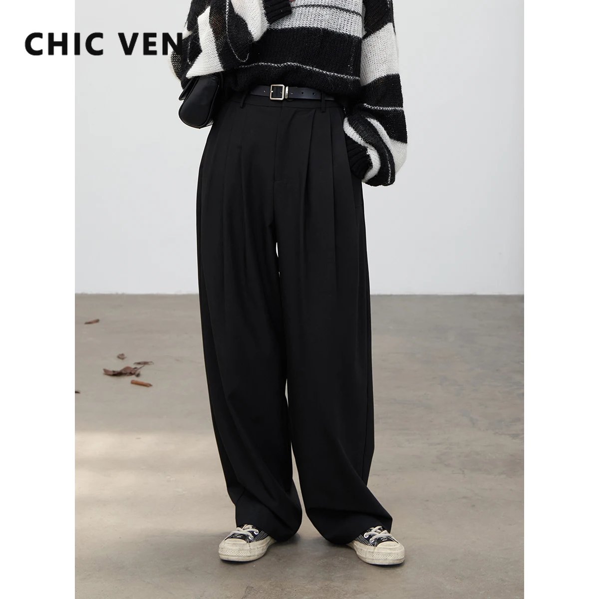 CHIC VEN Women's Pants Solid Loose High Waist Pleated Wide Leg Suit Pant Female Trousers Office Lady Spring Autumn 2023