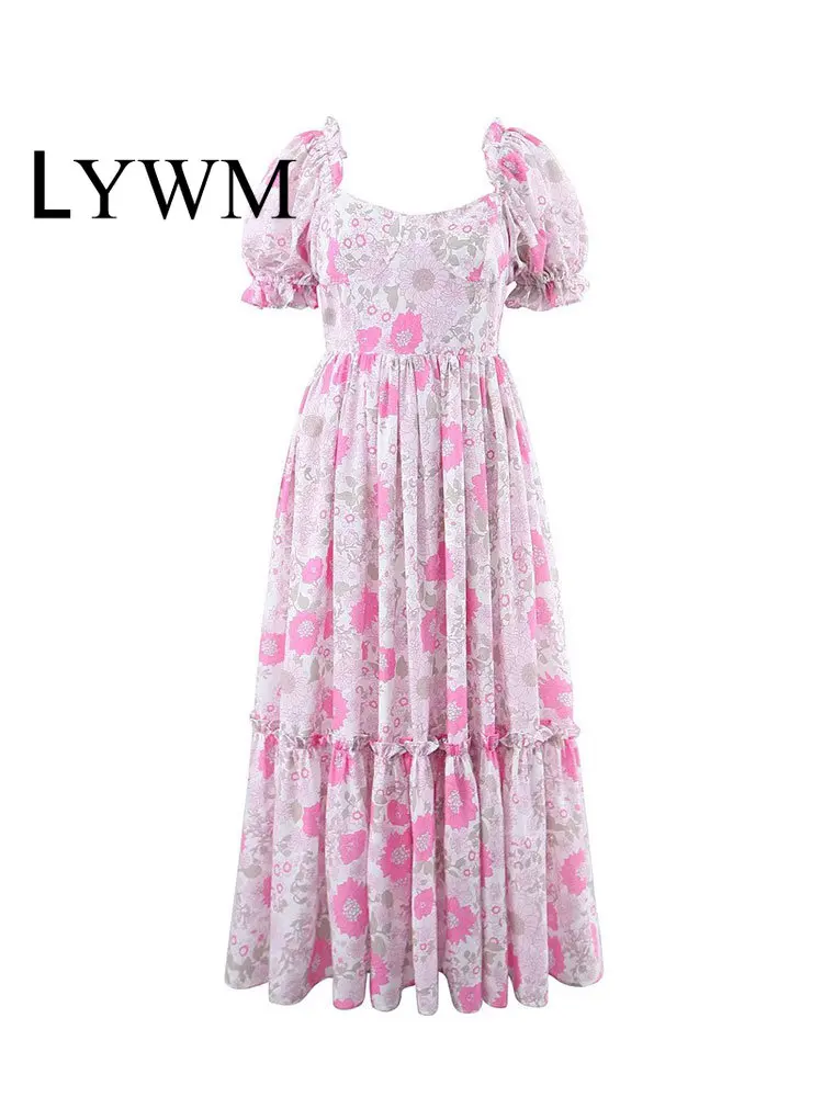 

LYWM Women Fashion Printed Pleated Midi Dress Vintage Square Collar Back Zipper Short Sleeves Female Chic Lady Dresses