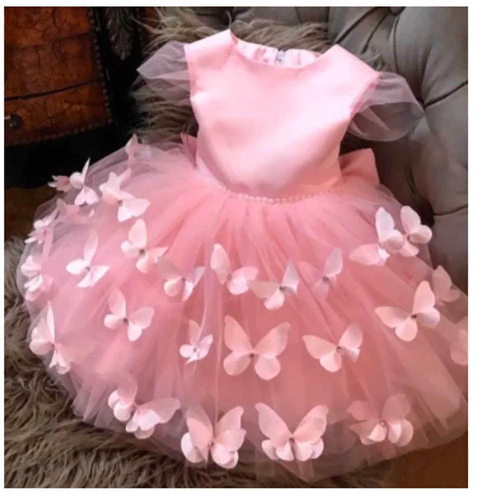 

Простые платья для девочек с цветами, розовые 3D бабочки, маленькая принцесса, индивидуальное изготовление, платье для дня рождения, первого причастия