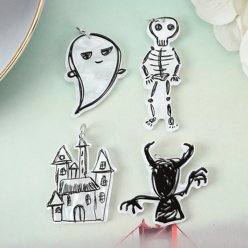 8pcs Halloween Charms Acrylic Ghost Skull  Castle Shape Pendant For Earring Keychain Necklace Diy Making