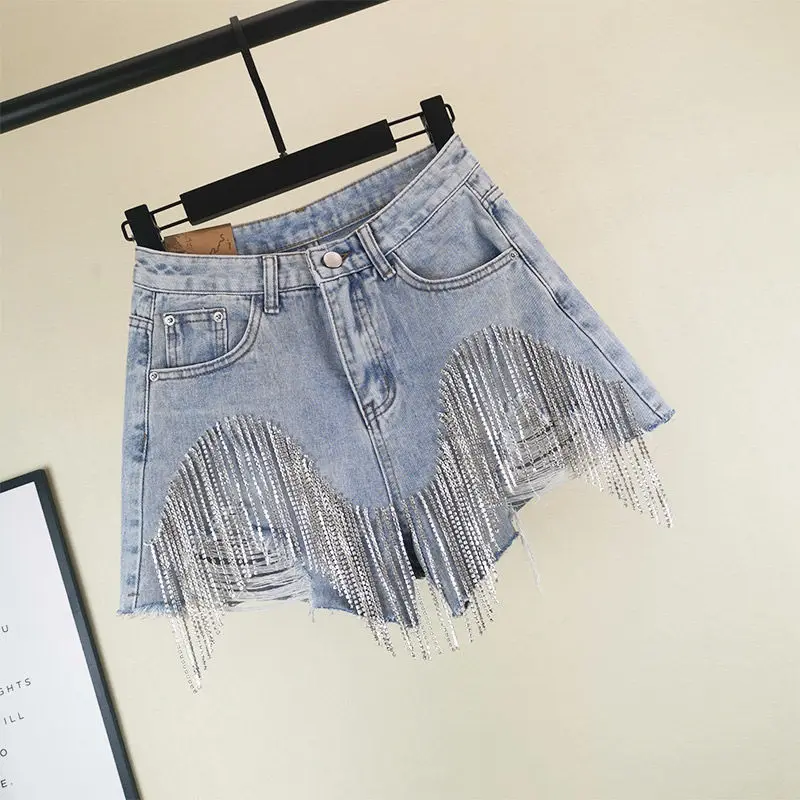 2023 Summer Ripped Jeans Short Femme High Waist Diamond Tassel Y2k Casual Bottoms For Ladies Denim Shorts Women Clothing Fashion