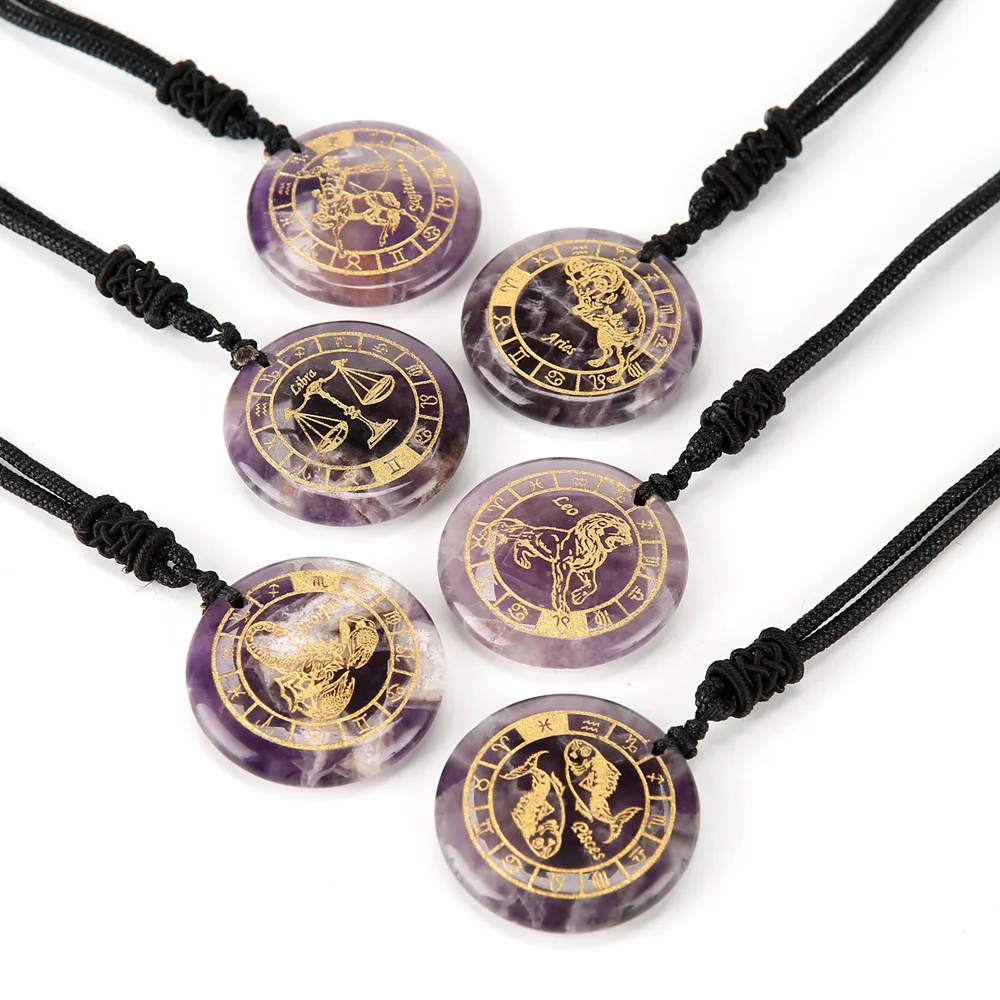 

Natural Amethyst Handmade Engrave 12 Constellations Symbol Pattern Pendant Necklace Reiki Healing Crystal Astrology Jewelry