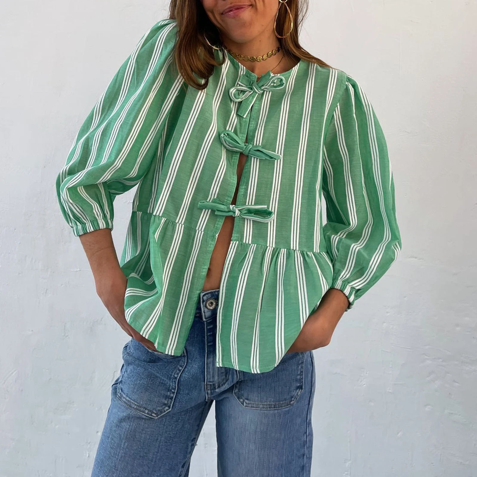 Женские рубашки Y2K с коротким рукавом буфами и баской блузка в полоску завязкой