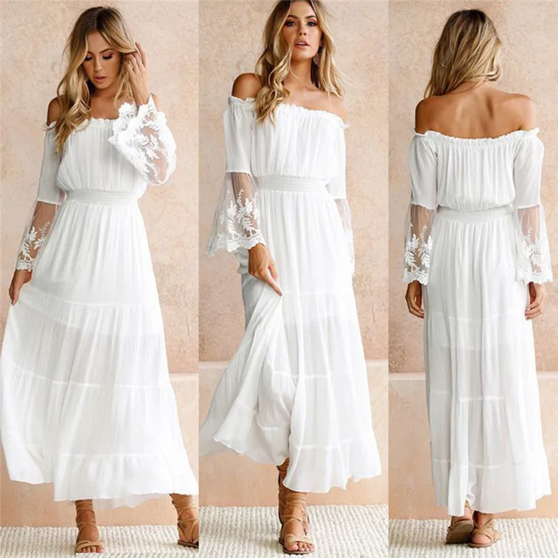 

Female Strapless Long Sleeve Sundress Women's White Beach Dress Summer Loose Sexy Off Shoulder Lace Boho Maxi Dress Feme