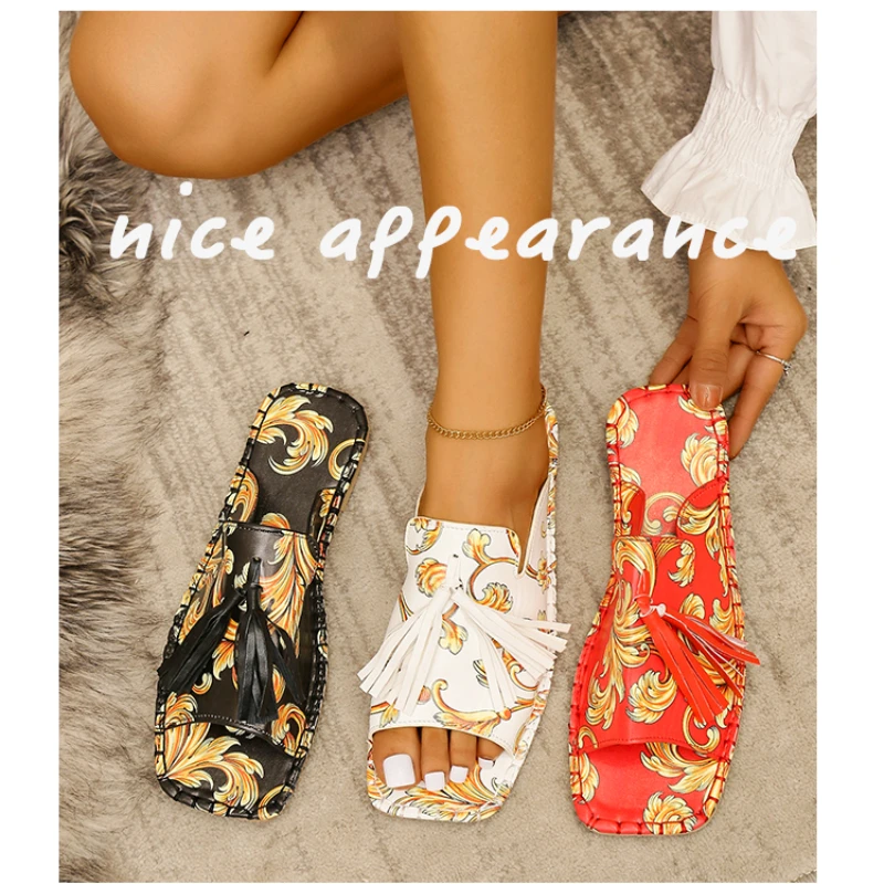 

2022 Summer Women's Shoes Women Retro Mules Fringed Totem Square Toe Slippers Casual Flat Shoes Women's Comfortable Plus Size 43