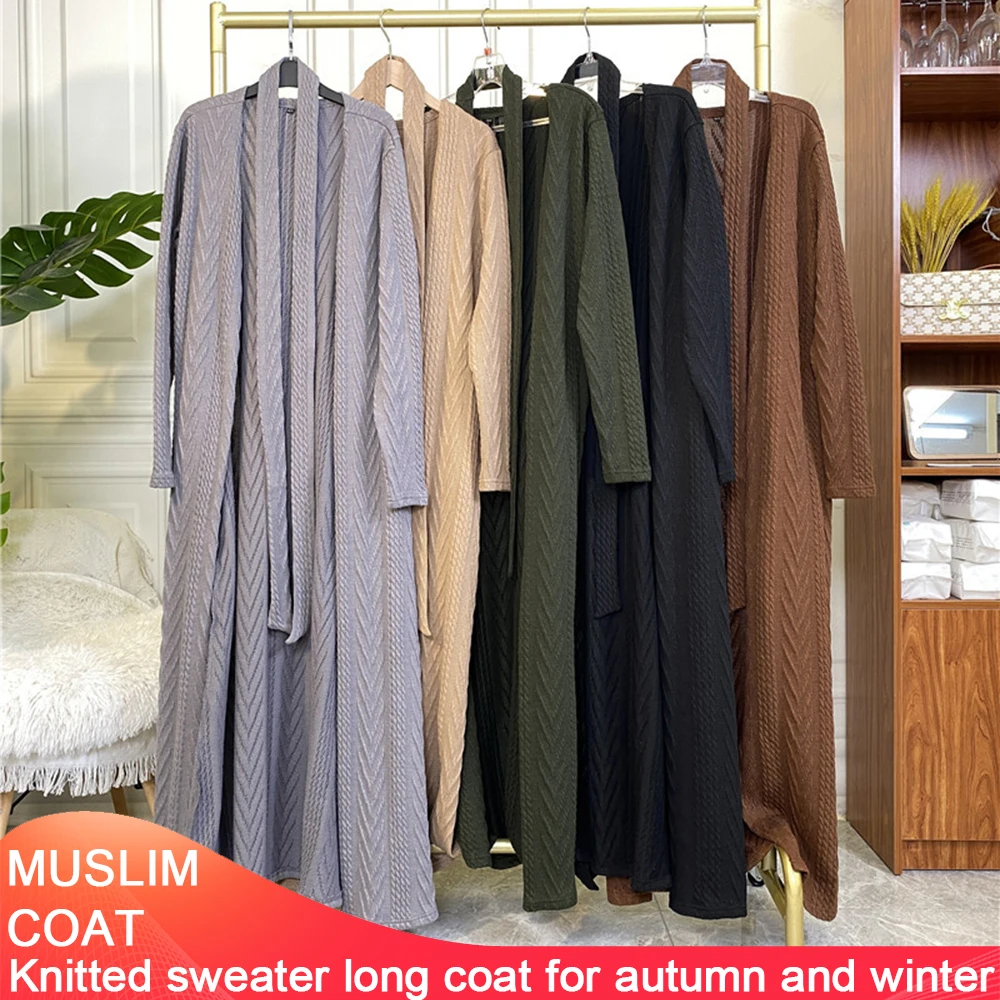 Muslim Cardigan Sweater Long Coat With Pocket In Autumn Winter Ramadan Abaya Muslim Dress Abayas For Women Dubai Turkey Islam