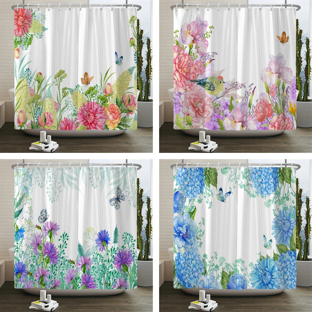 

Flower Butterfly Leaves Shower Curtain Watercolor Plant Floral Pattern Waterproof Polyester Bathroom Curtain Decor With Hooks