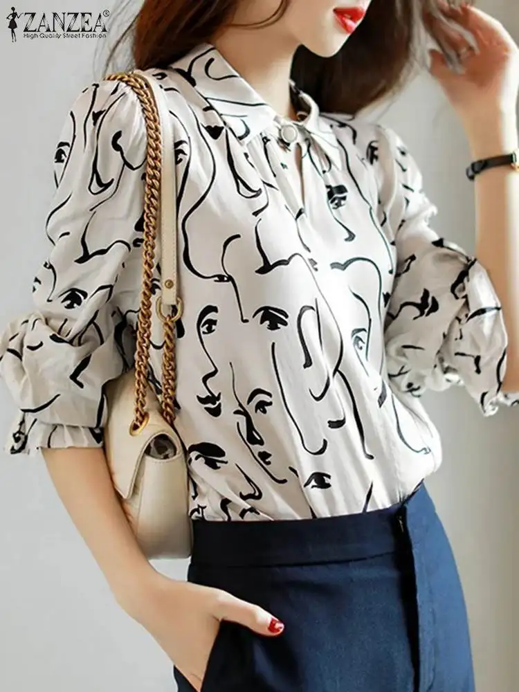 

Women Long Sleeve Loose Top ZANZEA Fahsion Office Lady Blusa Femme Pullover Elegant Printed Blouse 2023 Spring Summer Oversized
