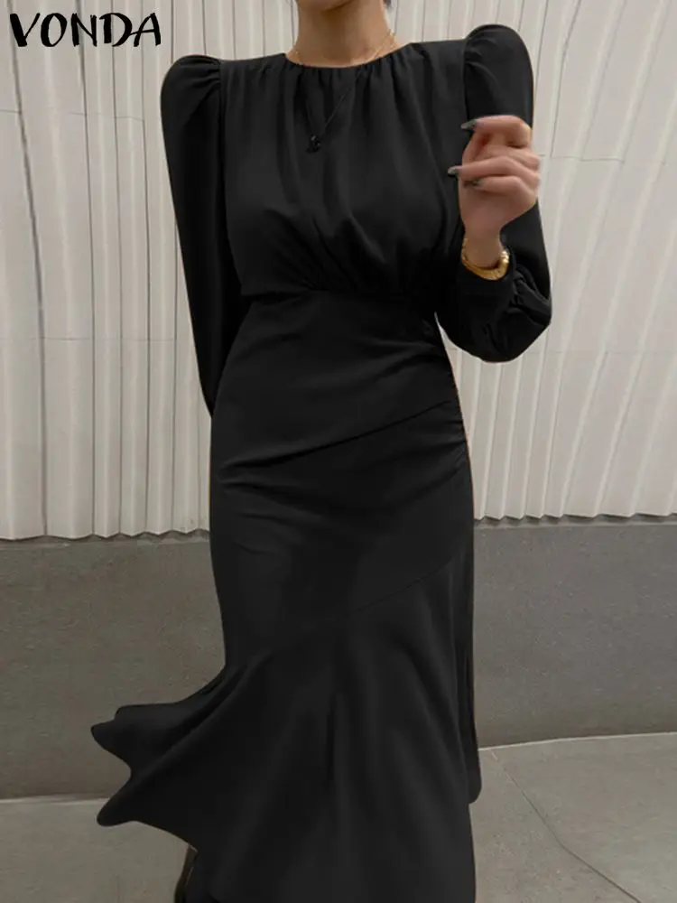 

2023 VONDA Elegant Women Party Dress Long Puff Sleeve Solid Color Sundress Summer Casual O-Neck Pleated Ruffled Midi Vestidos