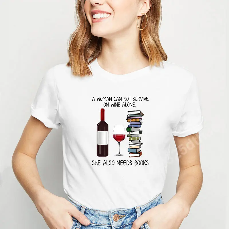 

Letters Wine Book Print T-shirts for Women Clothes Harajuku Graphic T Shirt Female Short Sleeve Y2k Tops Tshirt Oversized Tees