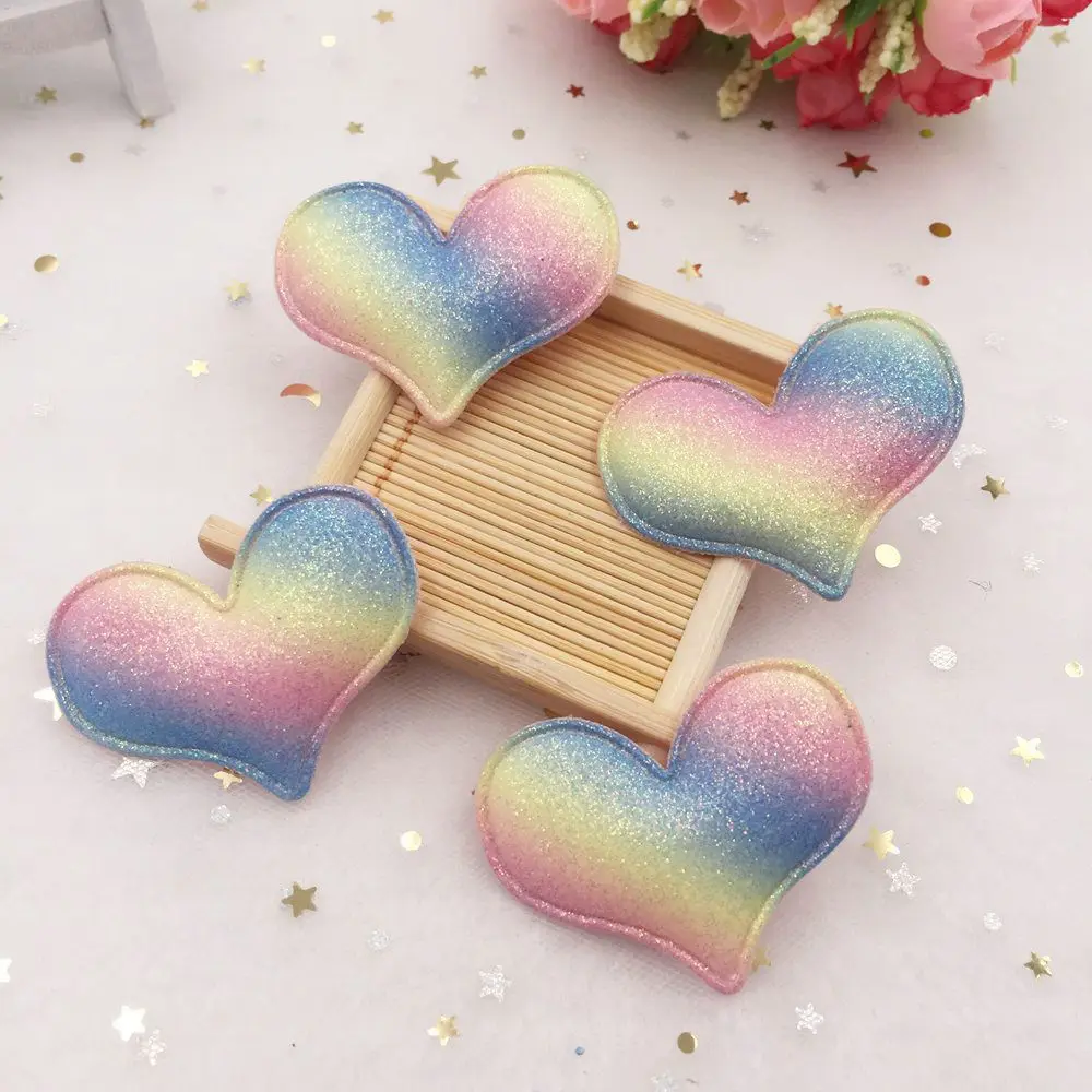 8pcs Glitter Bepowder Padded Fabric Pretty Rainbow Heart Appliques Wedding Patches DIY Hair Clip Accessories Craft Supplies