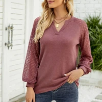 women casual v neck lace patchwork long sleeve t shirt spring autumn clothes sexy solid color tee shirt office lady blouse tops