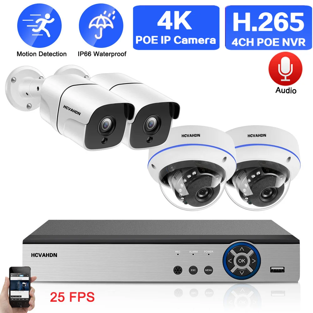 

4K CCTV Security Camera System Outdoor Wired Waterproof Ai Auido POE IP Camera Video Surveillance Kit 4CH NVR Kit 8MP IP Cam Set