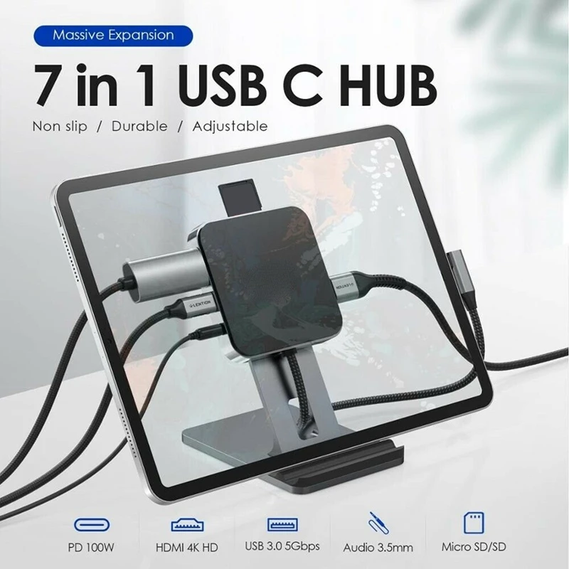 

2022 New USB C Hub For IPad Pro Stand HDMI- Compatible+USB3.0+PD+TF+3.5mm Audio 7 In 1 For Huawei Mate 40 Pro Samsung Galaxy S21
