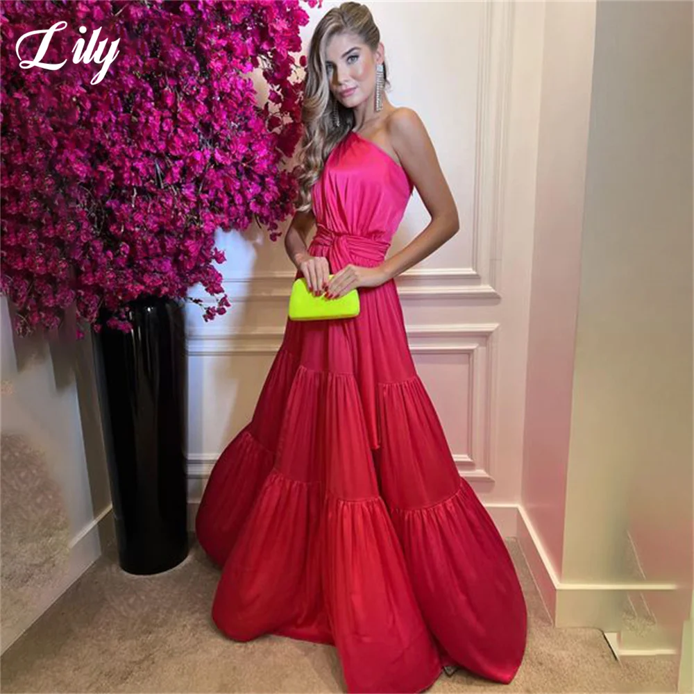 

Lily A Line One Shoulder Evening Dress Charming Fuchsia Stain Prom Dress With Belt Pleat Party Dresses Custom vestidos de noche