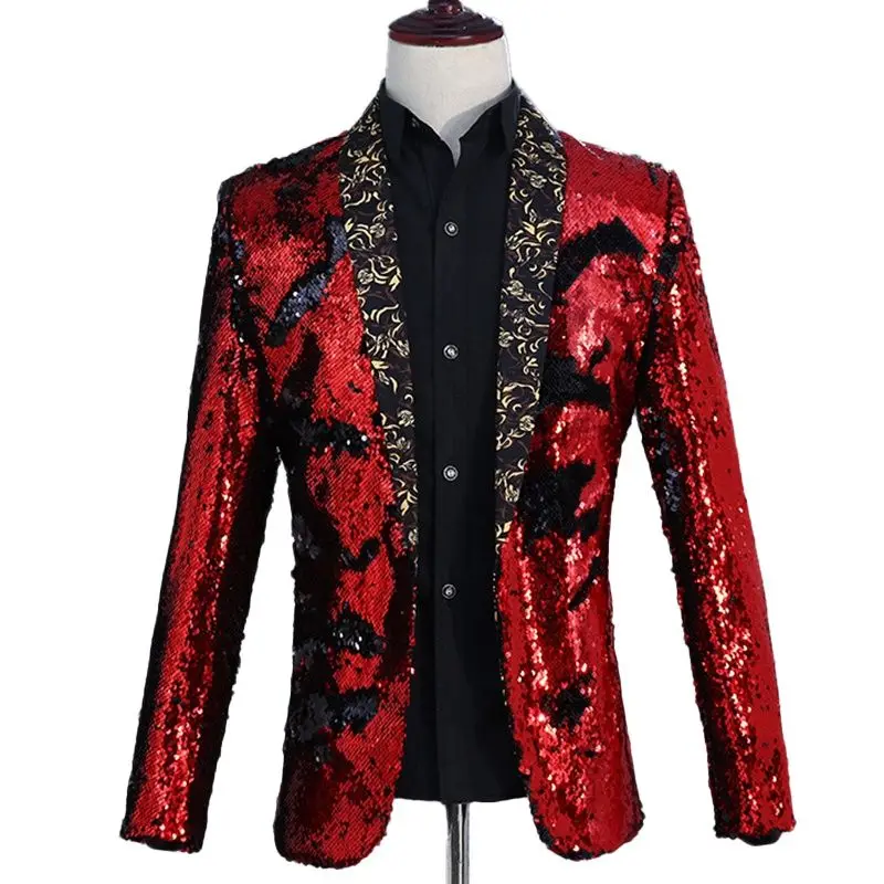 Fashion Flipping Sequins Glitter Blazer Jackets Men Stage Prom Dance Party Black Silver Paillette Suits Homme Singer DJ Costumes