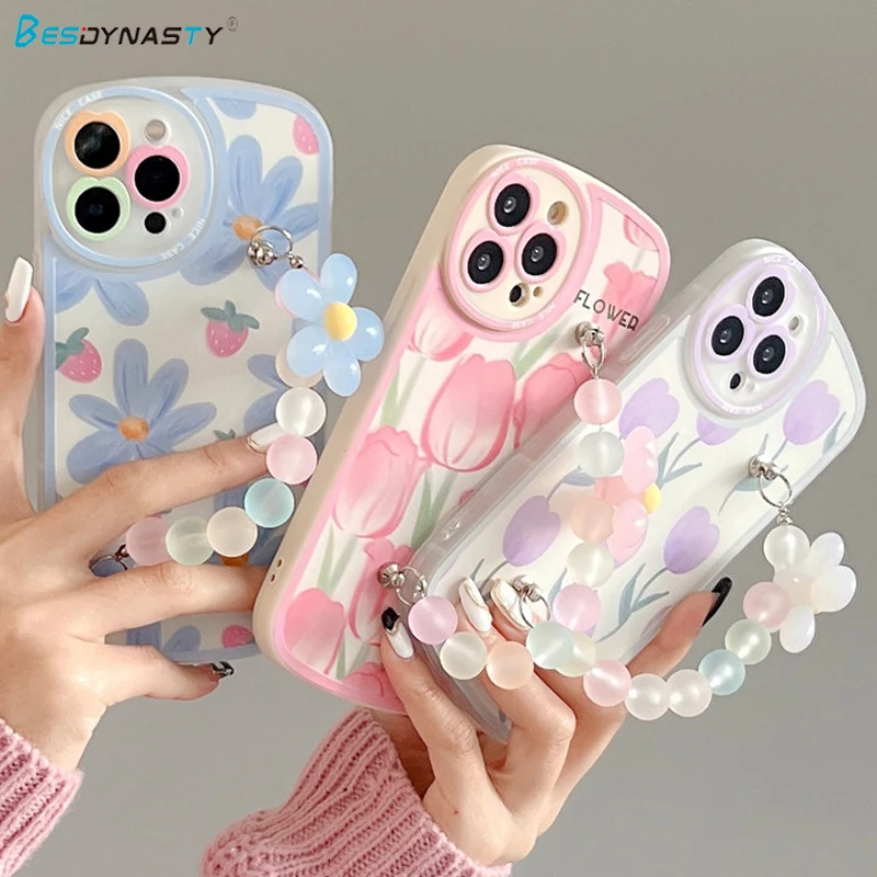 

Мягкий чехол BESD для телефона с 3D цветами на запястье с цепочкой для iphone 12 14 Pro Max 13 MiNi 11 XR X XS 7 8 plus SE 3, защитный чехол для объектива