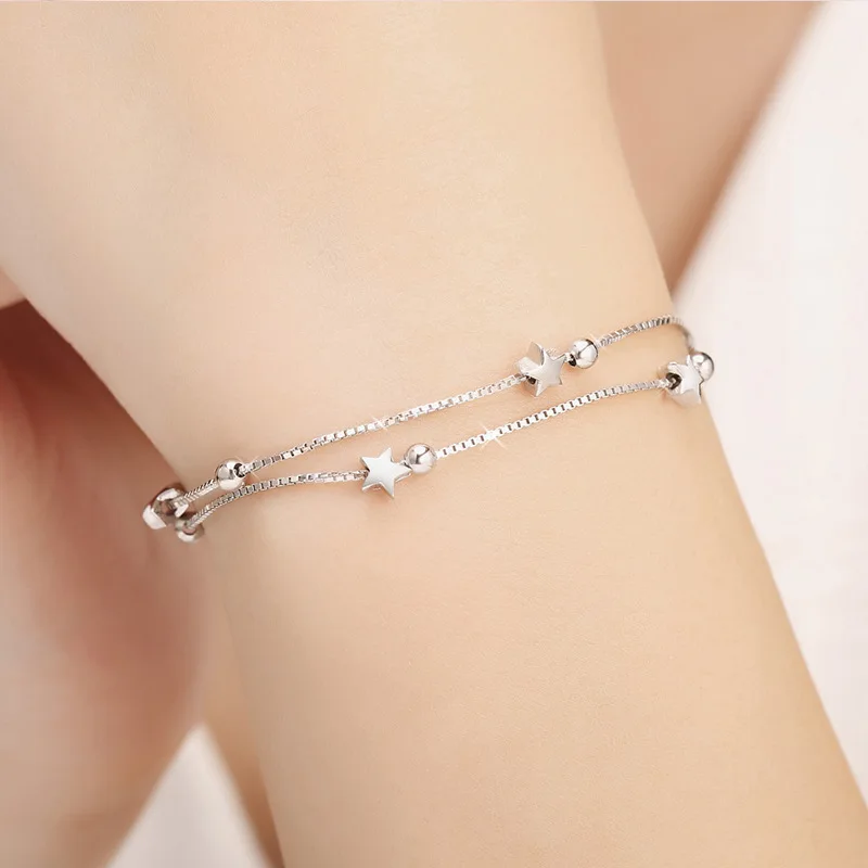 Genuine 925 Sterling Silver Double Layers Stars Beads Charm Bracelets &ampBangle for Women Girls Elegant Birthday Wedding Party