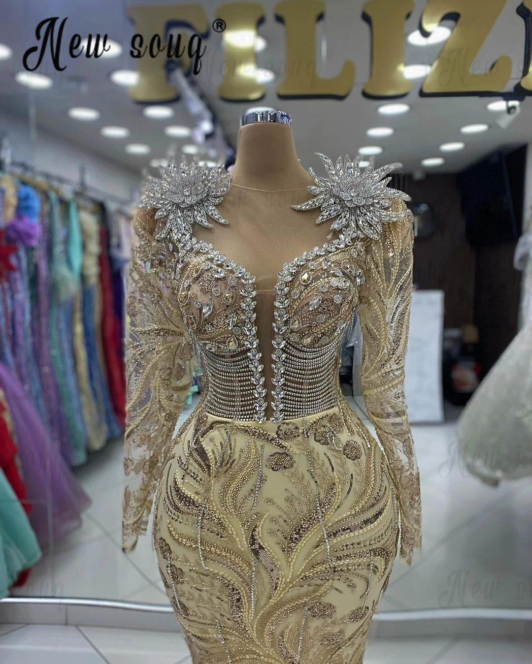 Женское вечернее платье с длинным рукавом элегантное золотистое платье-русалка