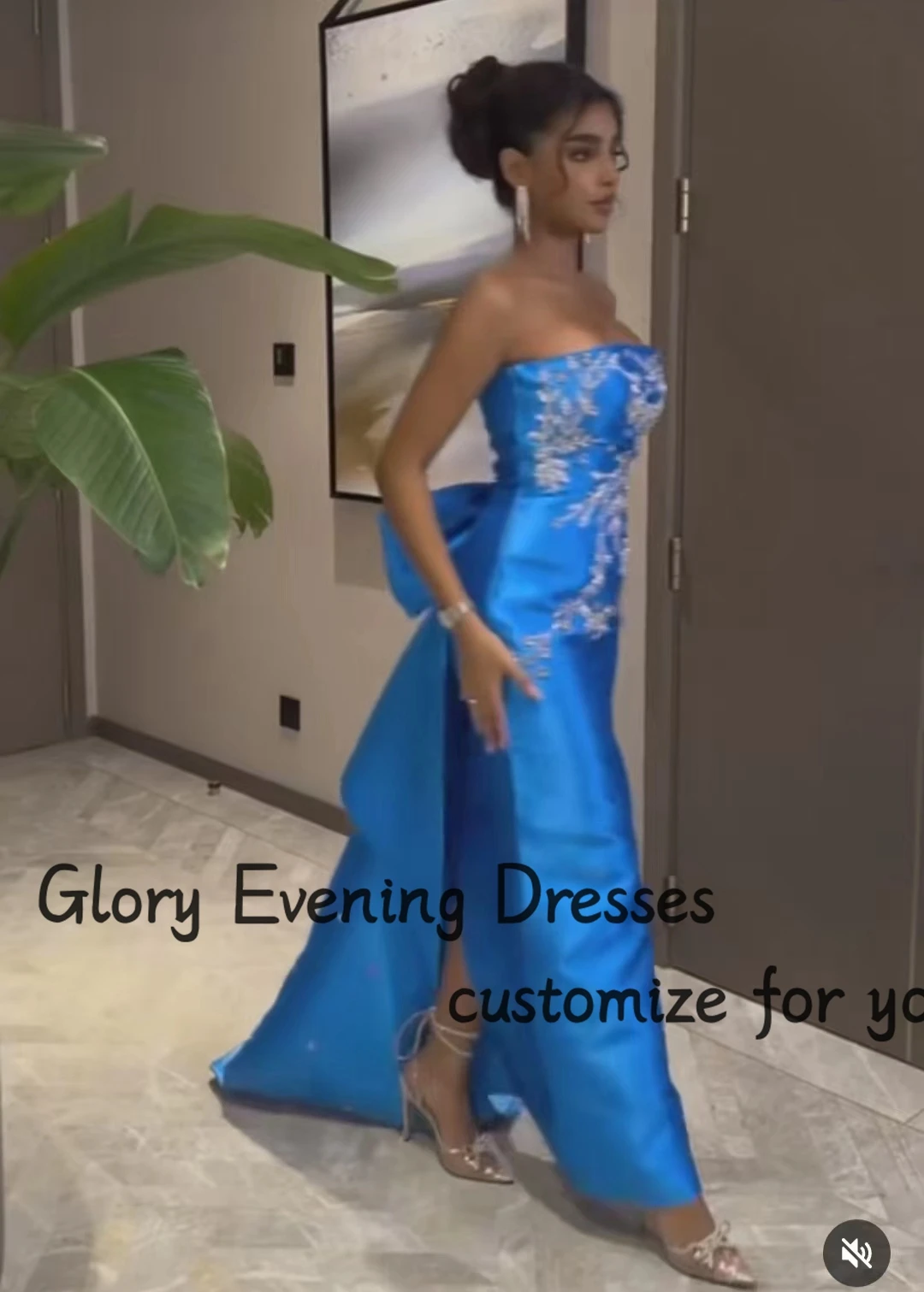 

Синие атласные вечерние платья с аппликацией, Современные платья до щиколотки без бретелек с бантом и бусинами, элегантное официальное платье для выпускного вечера