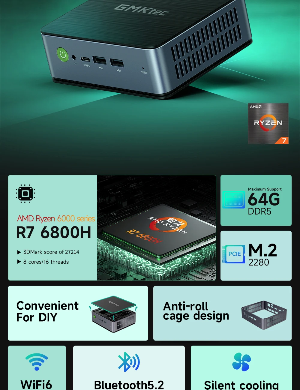 Mini Pc AMD Ryzen 7 6800H DDR5 16GB SSD 512GB