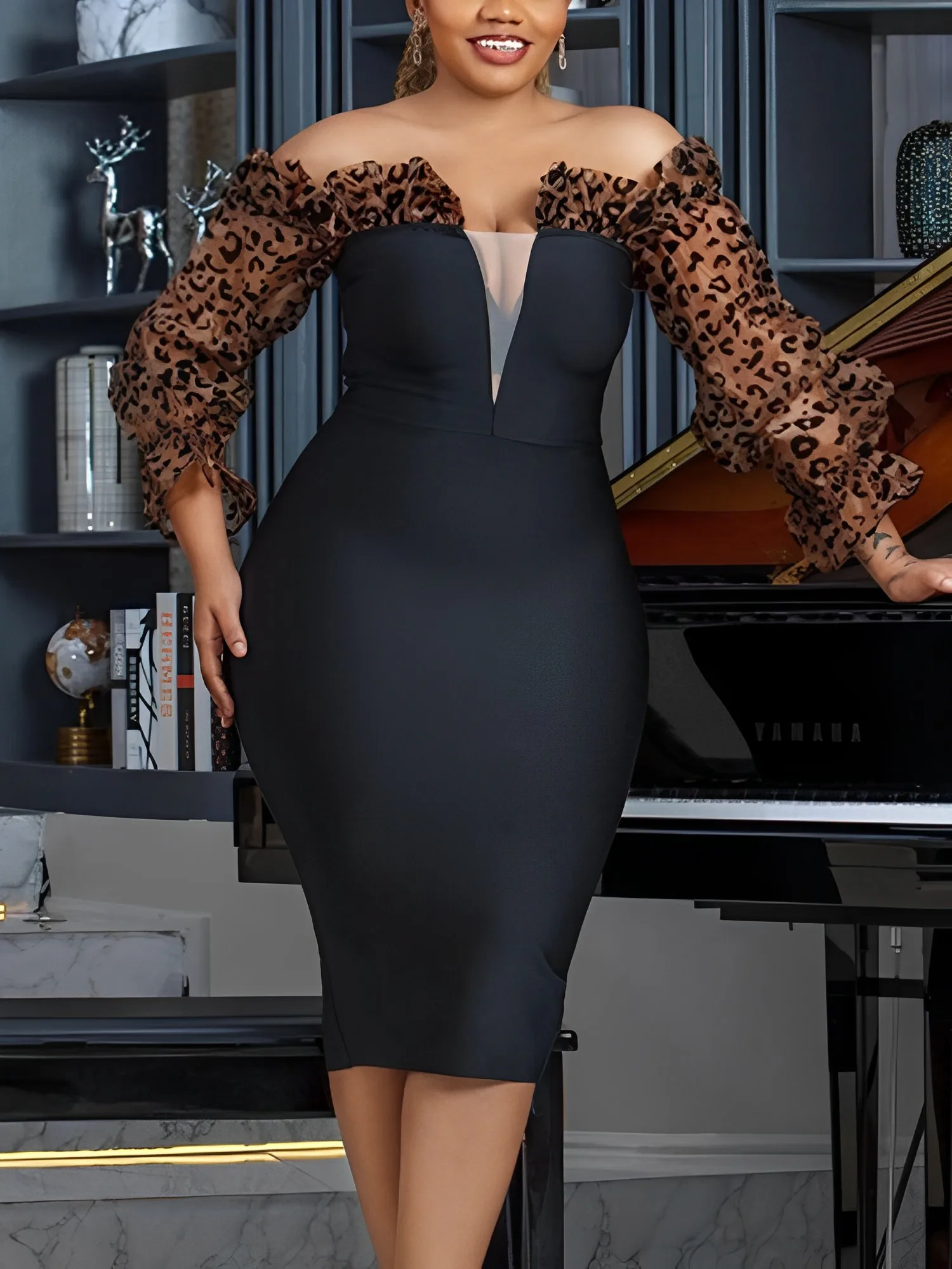 

Summer New In Black Sexy Dress V Neck Pencil Bodycon Leopard Sleeve Midi Robe Slash Neck Formal Occasion Birthday Party Vestido