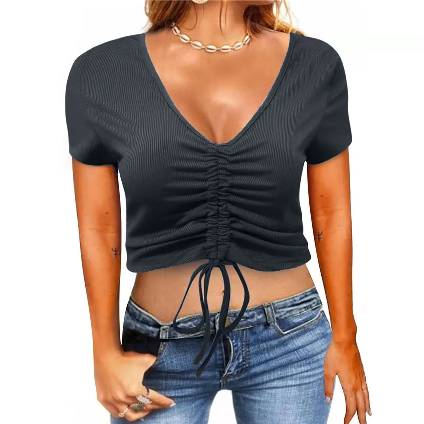

Women Sexy V Neck Crop Top Lady Summer Casual Cotton Blend Solid Rib Drawstring T Shirt Ruched Tops Girl Front Tie Up Streetwear
