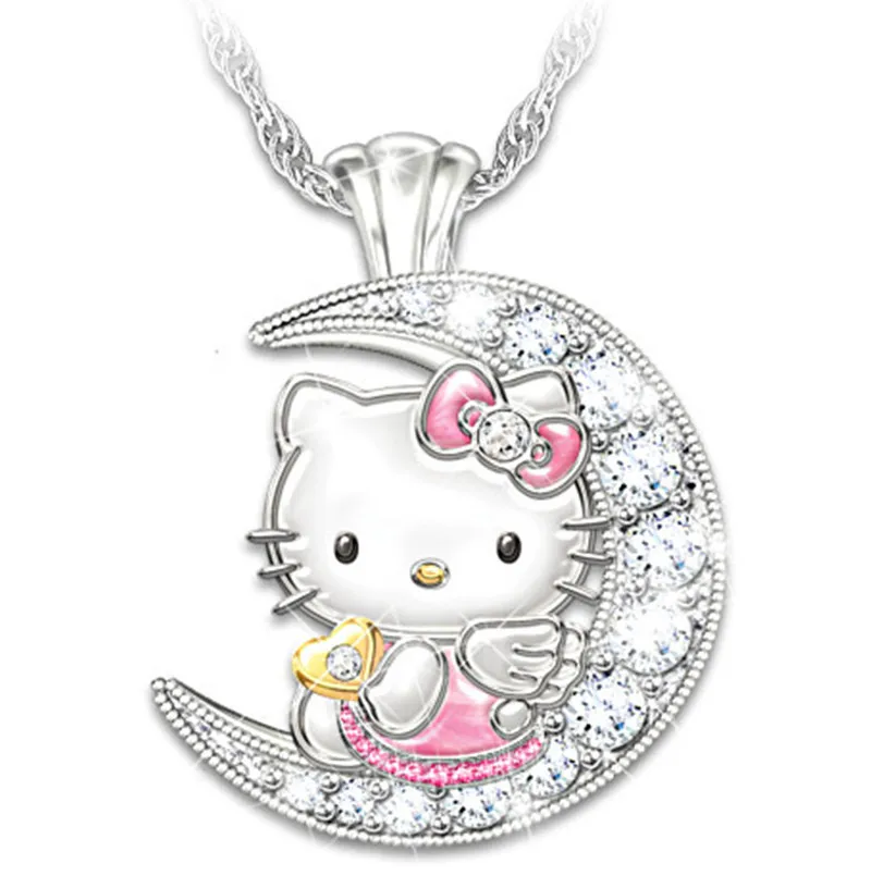 

Hello Kitty Fashion Necklace for Women Diamond Inlaid Crystal Jewelry Cute Cartoon Animal Pendant Birthday Party Gift