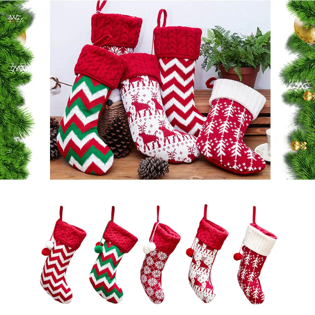 

1 шт. рождественские чулки, детский Подарочный пакет, носки, Вязаные полосы, снежинки, праздничные сумки, украшение для дома