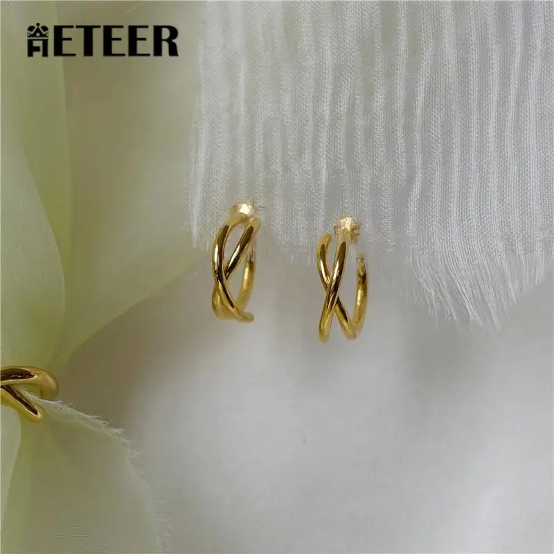 

AETEEY 925 Sterling Silver C-shaped Metallic Cross Lines Earrings For Women Girl Weddings Anniversary Gifts Tiny Aretes Ear Stud