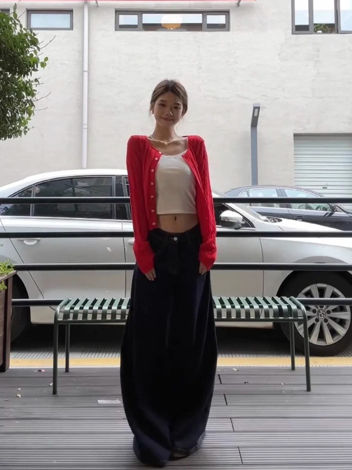 Весенне-осенний новый красный вязаный кардиган корейская серия укороченный