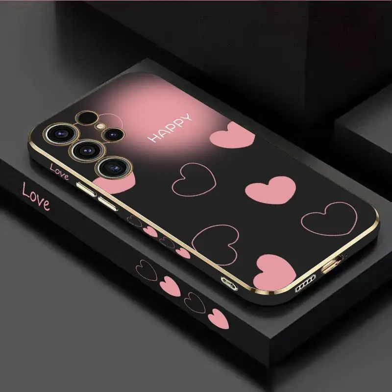 Pink Heart Luxury Plating Phone Case For Samsung Galaxy S23 S22 S21 S10 S9 S8 Plus Note 20 ultra 10 Plus Cover