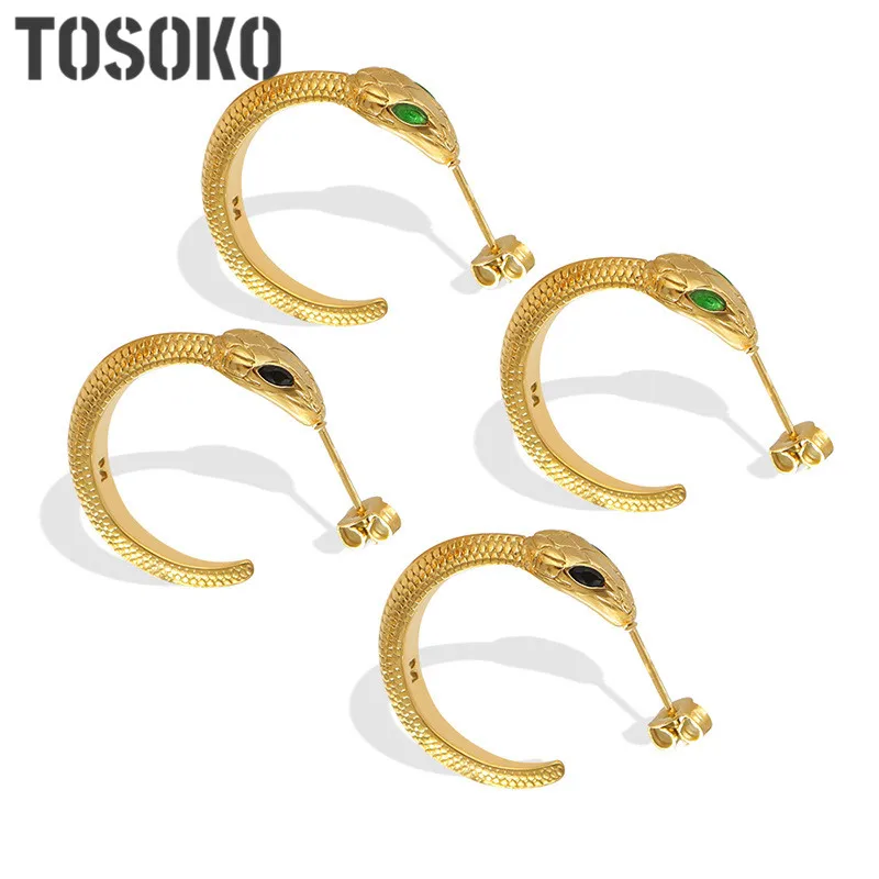 

TOSOKO Stainless Steel Jewelry 18K Gold Plated Diamond Inlaid Zircon Serpentine Earrings For Women's Fashion Earrings BSF053