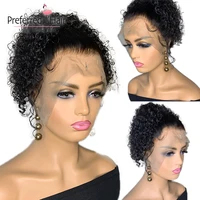 Natural Color Short Pixie Cut Curly Bob Transparent 13X2 Lace Frontal Human Hair Wigs For Black Women Remy Preplucked Brazilian