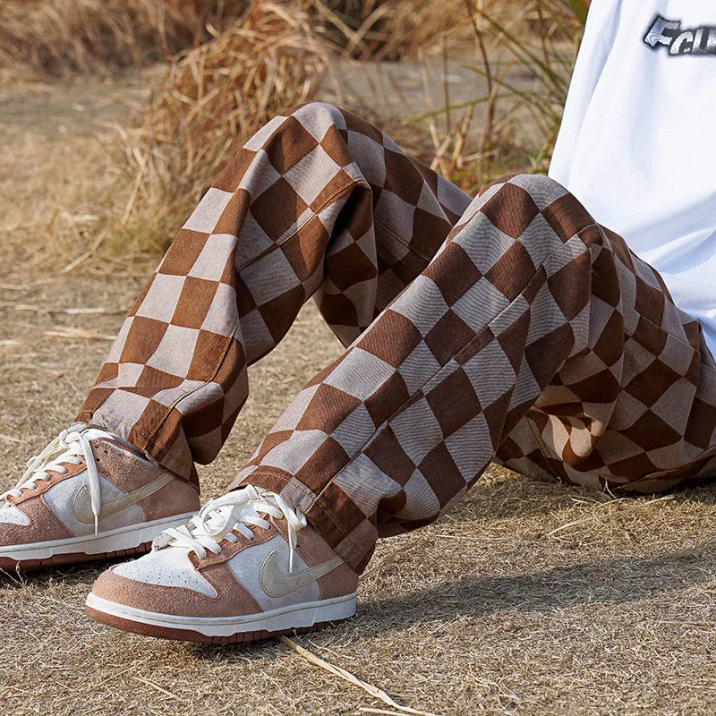 Black//Khaki Jeans Men Fashion Casual Loose Plaid Jeanss Men Streetwear Hip Hop Straight Denim Pants Men Trousers S-2XL