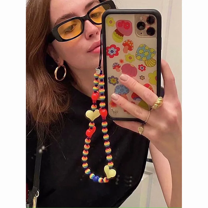 

Colorful Transparent Heart Love Rainbow Color Cell Phone Chain Anti-Lost Lanyard Jewelry Wrist Strap Phone Case Hanging Rope