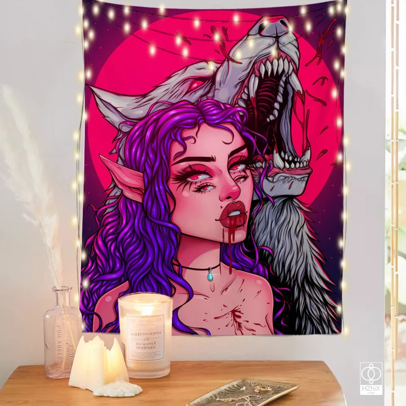 

Hippie Shewolf Tapestry with Lights Psychedelic Trippy Mushroom Girl Tapestries Wall Hanging for Bedroom Decor Lving Room Decor