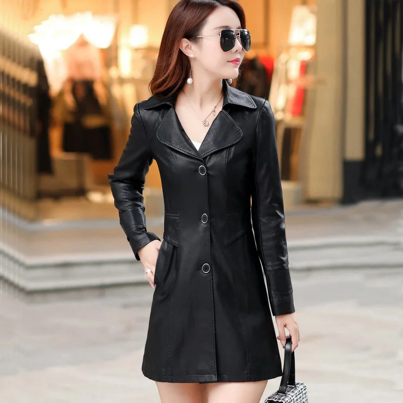 Mid-length Women's Single Breasted Fashion Slim Washed Leather PU Leather Jacket