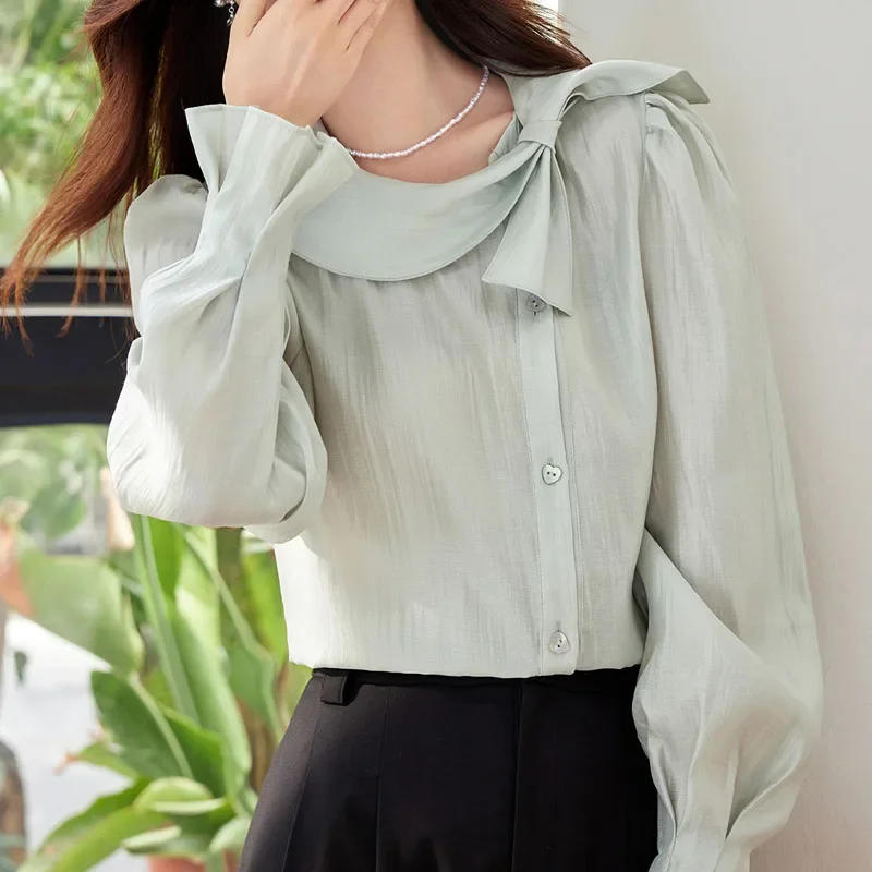 Новые модные осенние блузки с длинным рукавом и круглым вырезом женская рубашка